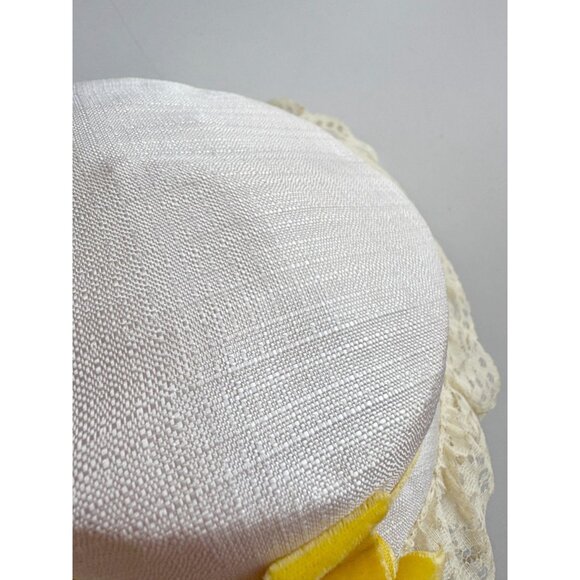 Vintage Ivory Straw Faux Floral Yellow Velvet Bow Lace Ruffle Trim Boater Hat - Picture 7 of 14